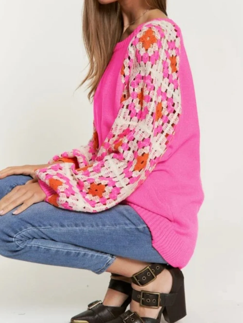 Davi & Dani Women’s Crochet Sleeve Pink Knit Sweater; Size S - Picture 3 of 11